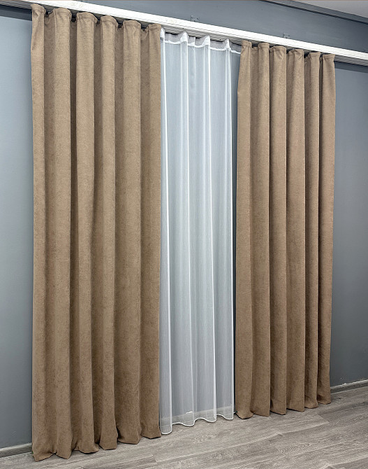 Комплект штор VR-Textil Микровелюр Petek 100х270 2шт и Тюль 400х270 1701ш-1153т Капучино с белым 71-055/2 Киев - изображение 3