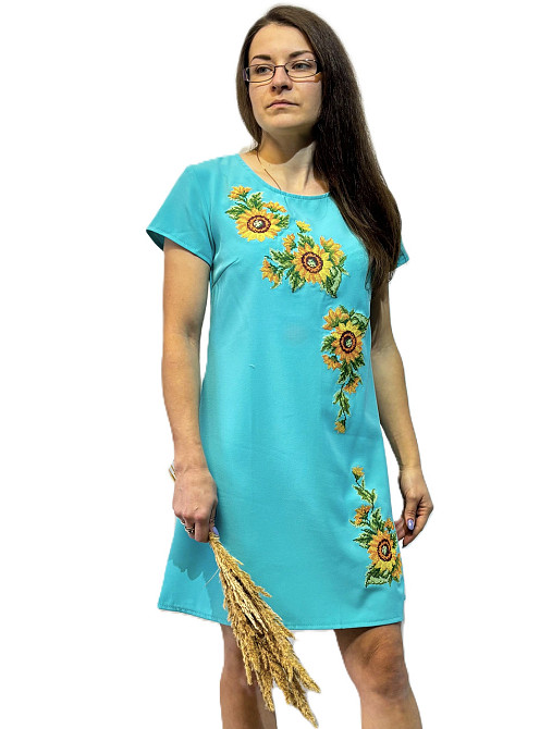 Женское вышитое платье цвета бирюза Подсолнухи короткий рукав Киев - изображение 1