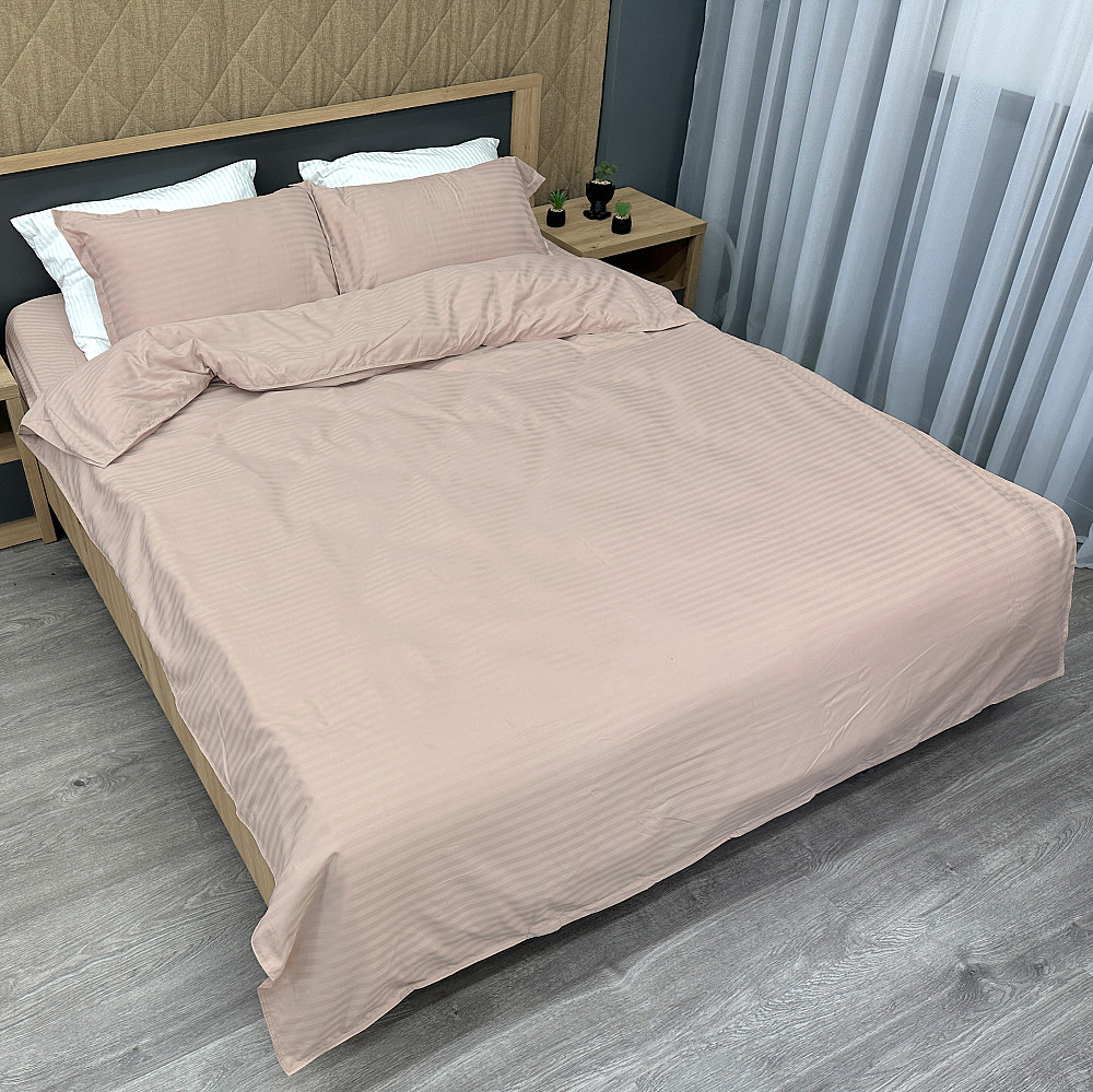 Комплект постельного белья Страйп-сатин Двуспальный 180х220 с простыней на резинке Таш (88-110) Киев - изображение 2