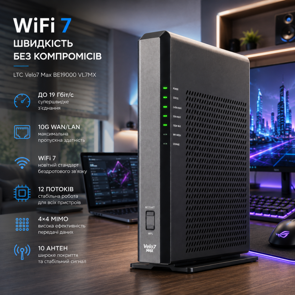 WiFi 7 маршрутизатор LTC Velo7 Max BE19000 VL7MX, до 19 Гбіт/с, 10G WAN/LAN, 12 потоків, 10 антен, 4×4 MIMO Київ - фото 9