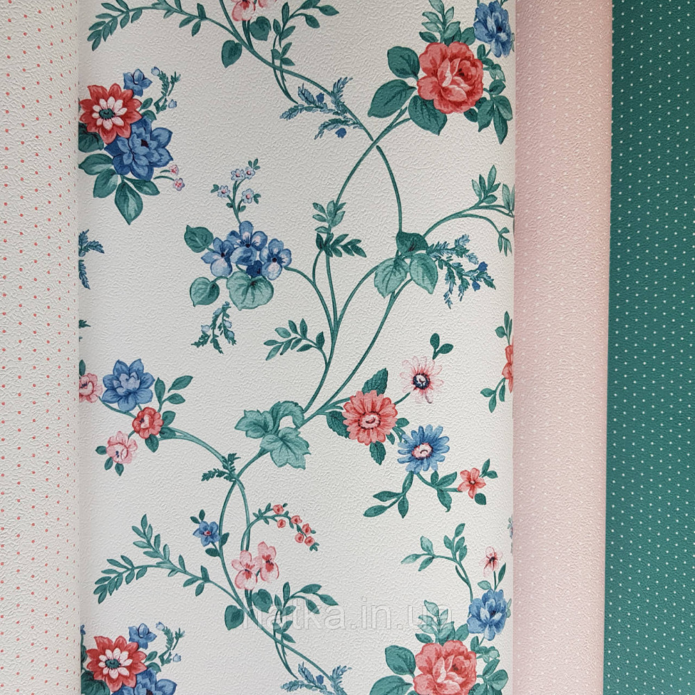 Обои виниловые на флизелине 0.53х10 Rasch Textil Petite Fleur 5.цветы розы красные синие зеленые на белом Киев - изображение 3