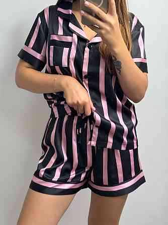 Женская пижама сатиновая Черно-розовый полоска XL-2XL Харьков