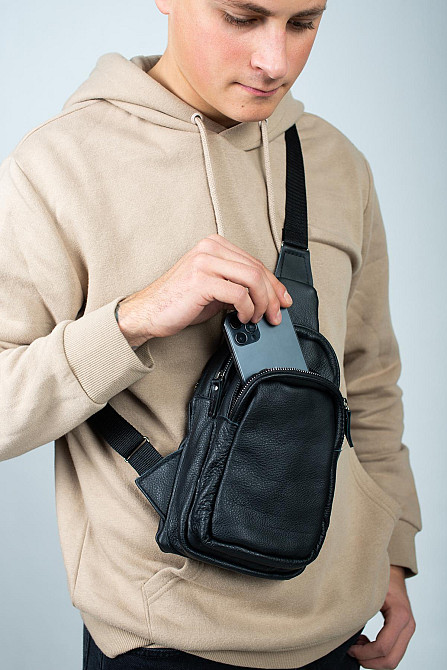 Сумка-слінг шкіряна, чоловіча сумка через плече SL013 (Чорна) Суми - фото 5