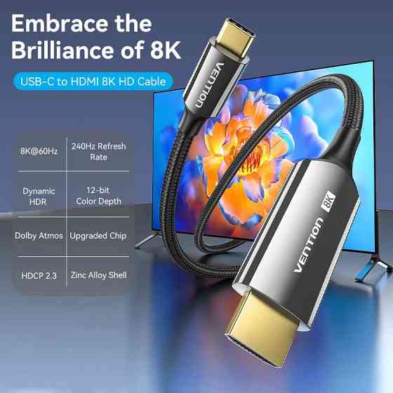 Кабель USB 3.1 Type-C M - HDMI M, 1.8m V2.0 8K 60 Гц Zinc Alloy TPE Black Vention Вінниця
