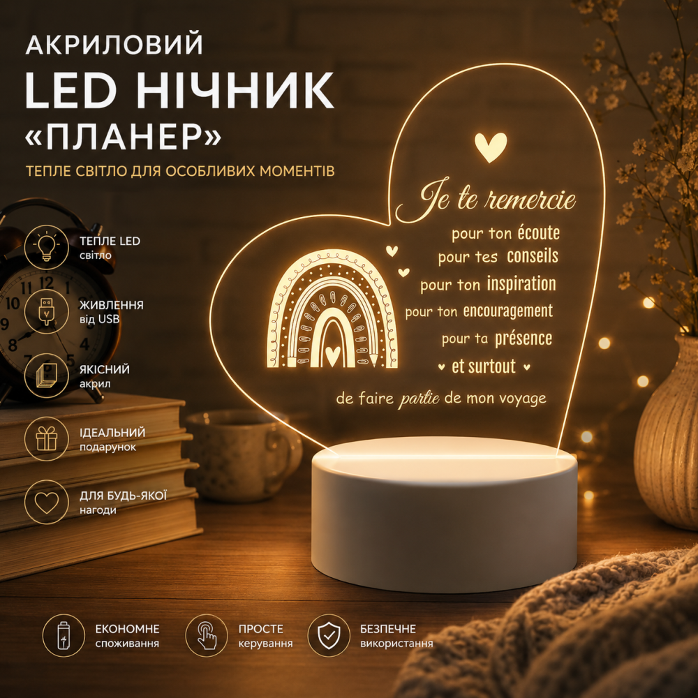Акриловий LED нічник «Планер» USB, декоративна настільна лампа, подарунок друзям, на День народження та День Святого Валентина Київ - фото 8