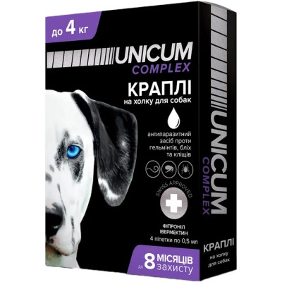 Краплі для тварин Unicum COMPLEX від бліх, кліщів та гельмінтів на холку для собак до 4 кг/4 шт (4820150202507) Вінниця - фото 1