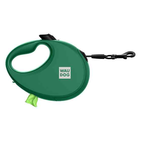 Поводок-рулетка для собак WAUDOG R-leash с контейнером для пакетов, светоотражающая лента, L, до 40 кг, 5 м, зеленый Киев