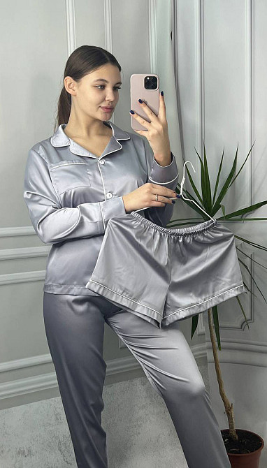 Комплект шелковый тройка рубашка с шортами и штанами Серый M Харьков - изображение 6