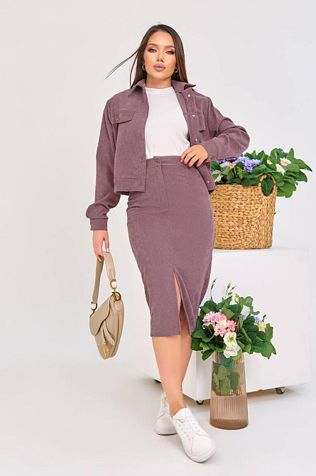 Женский стильный костюм двойка: жакет и юбка микровельвет Фрез, 48 Одесса - изображение 1