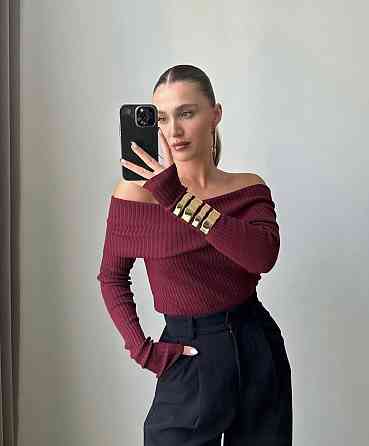 Жіночий романтичний топ зі спущеними плечима турецький широкий рубчик мустанг Бордо Одеса