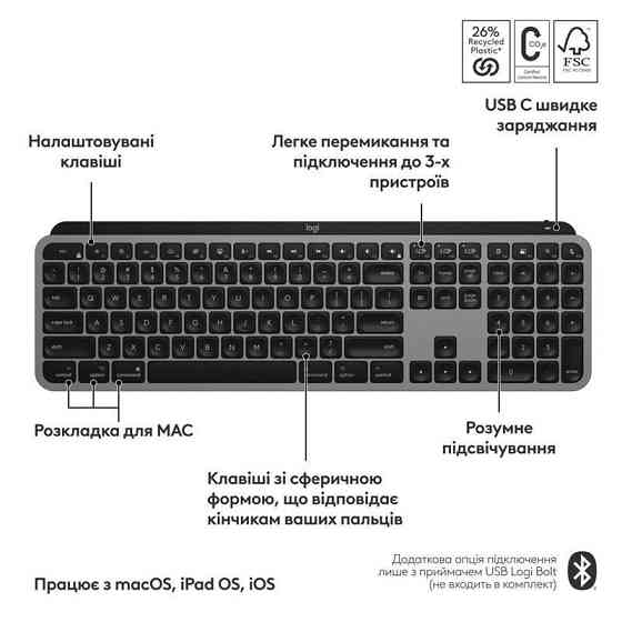 Клавіатура бездротова Logitech MX Keys S для Mac Space Grey (920-011637) Клавіатура Харків