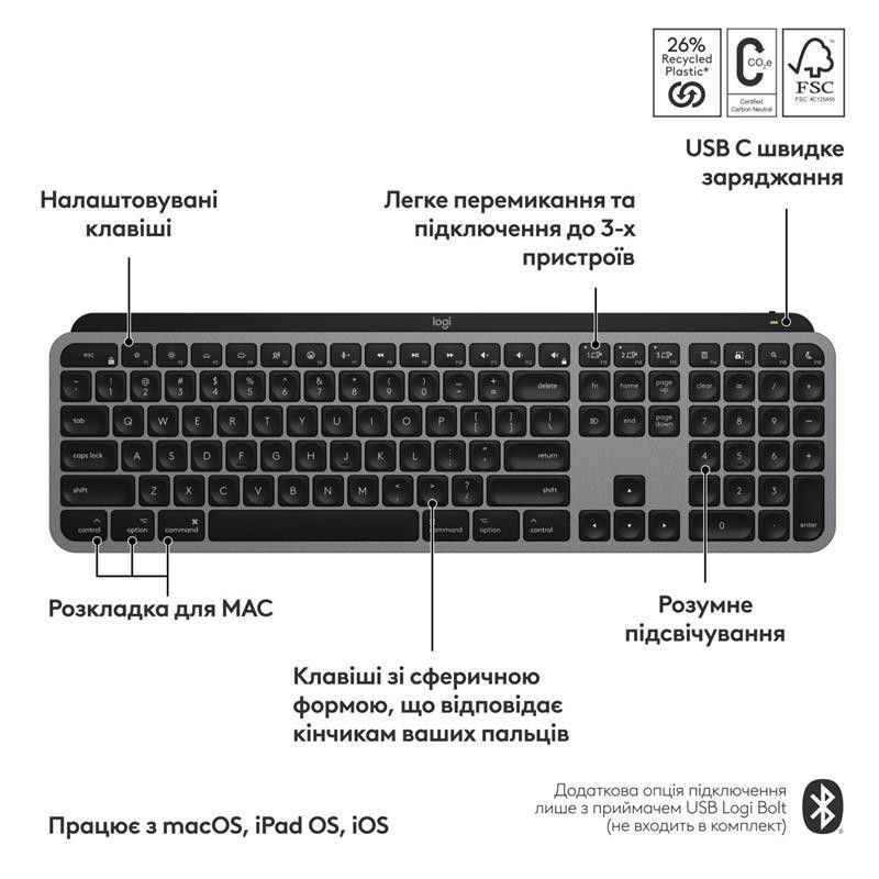 Клавіатура бездротова Logitech MX Keys S для Mac Space Grey (920-011637) Клавіатура Харків - фото 6