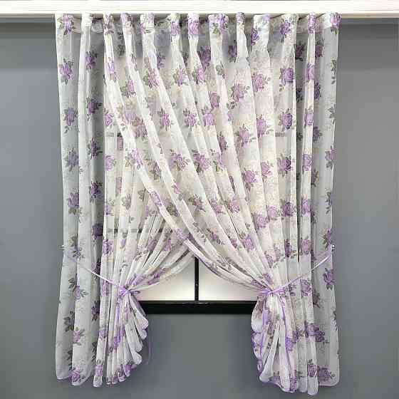 Кухонные шторки VR-Textil № 101к с подвязками Белый с сиреневым 320х170 см (52-1208) Киев