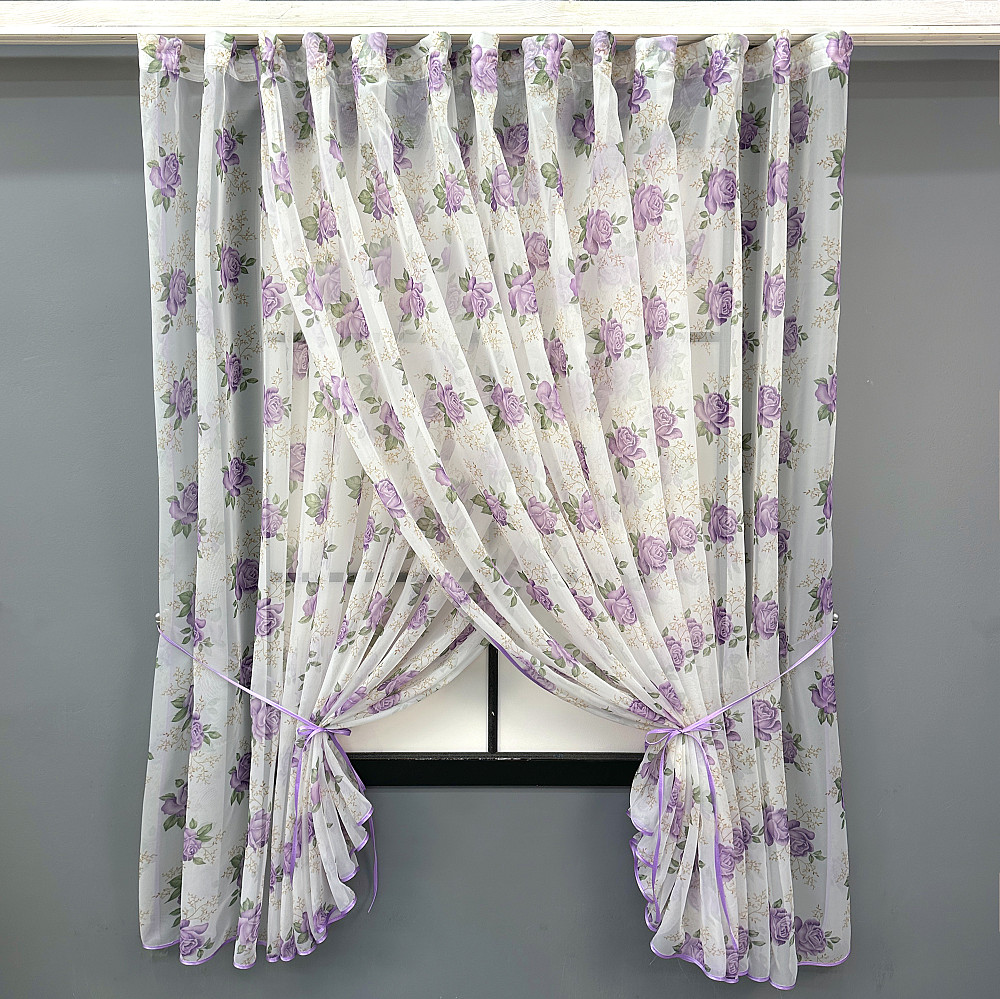 Кухонные шторки VR-Textil № 101к с подвязками Белый с сиреневым 320х170 см (52-1208) Киев - изображение 1