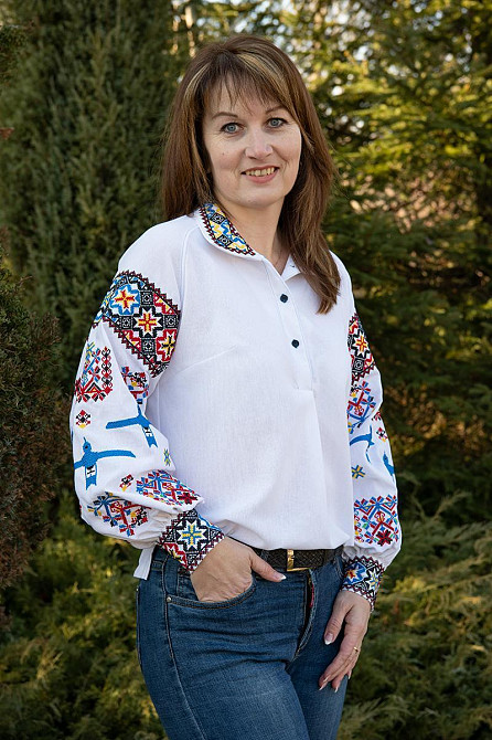 Вышиванка женская, льняная, белая, с длинным рукавом, топ 48/50, Широкий Киев - изображение 1