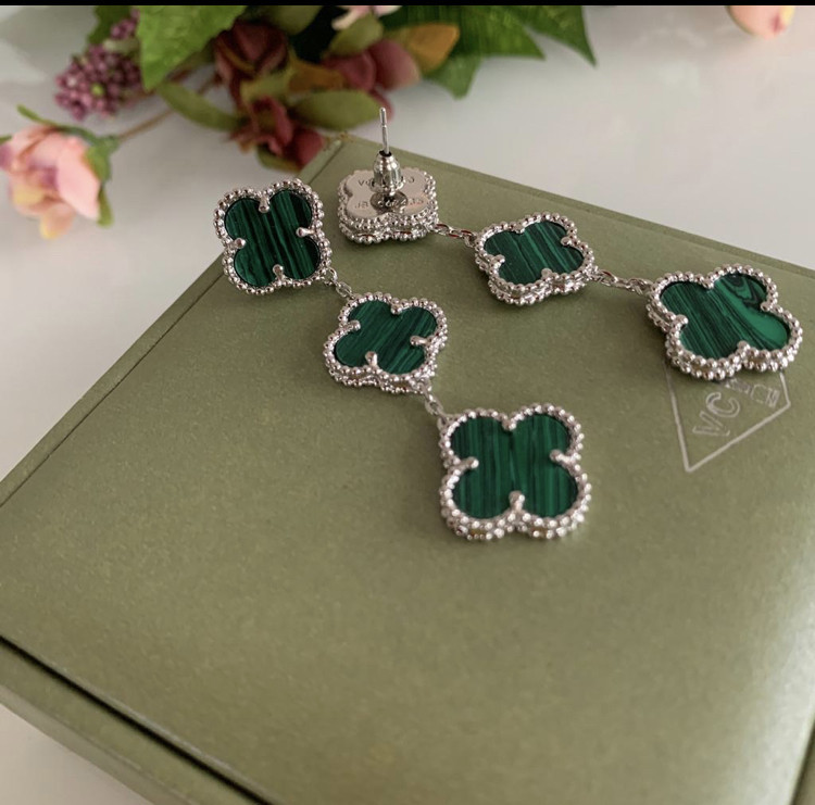 Серьги зеленые под малахит / Vancleef Ванклиф / покрытие серебро, белое золото 750 Одесса - изображение 1