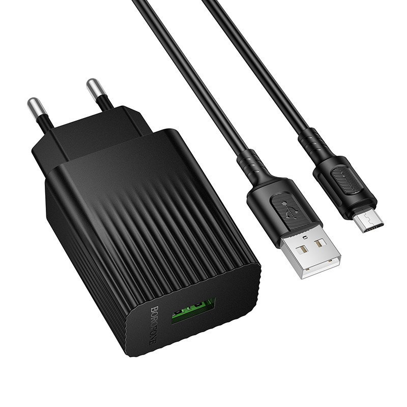 Сетевое зарядное устройство с кабелем BOROFONE BAS72A Source single port QC3.0 charger set(Micro) Black Одесса - изображение 1