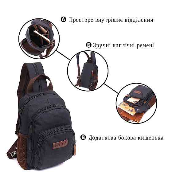 Интересный рюкзак из полиэстера с большим количеством карманов Vintage 22148 Черный Киев