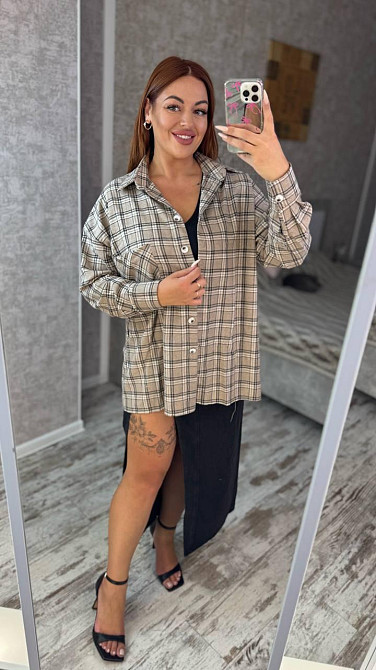 Женская оверсайз рубашка в клетку турецкая фланель Беж, 50/56 Одесса - изображение 7