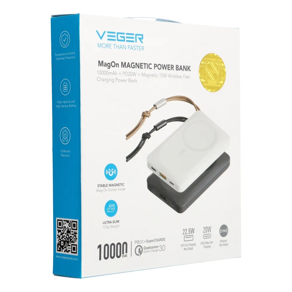 Павербанк 10000 mAh VEGER PD QC3.0 2A 20W MagOn VP1151/W1151 быстрая зарядка магнитная беспроводная зарядка power bank повербанк Одесса - изображение 2