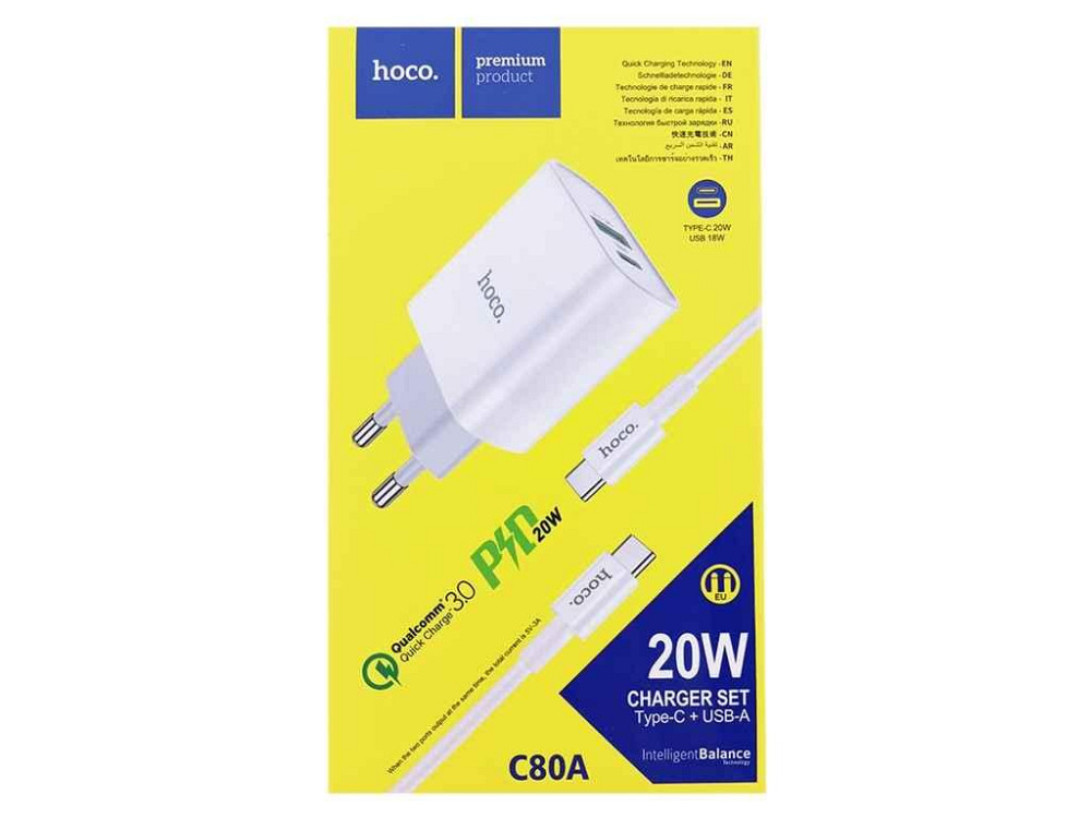 Мережевий зарядний пристрій Type-C to Type-C C80A PD20wUSB18w QC3.0 1м ТМ Hoco Київ - фото 1
