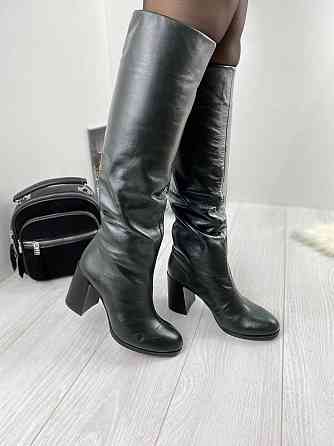 Injers Чоботи жіночі INJERS темно-зелені натуральна шкіра зима євро-хутро висота 41см каблук 8с Коломыя