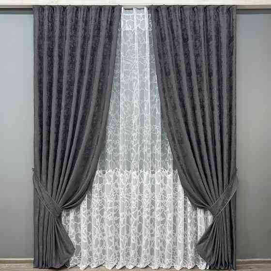 Комплект штор VR-Textil Жакард Мармур 150х270 2шт і Тюль 400х270 1211ш-1529т Графітовий з білим 71-184/3 Київ