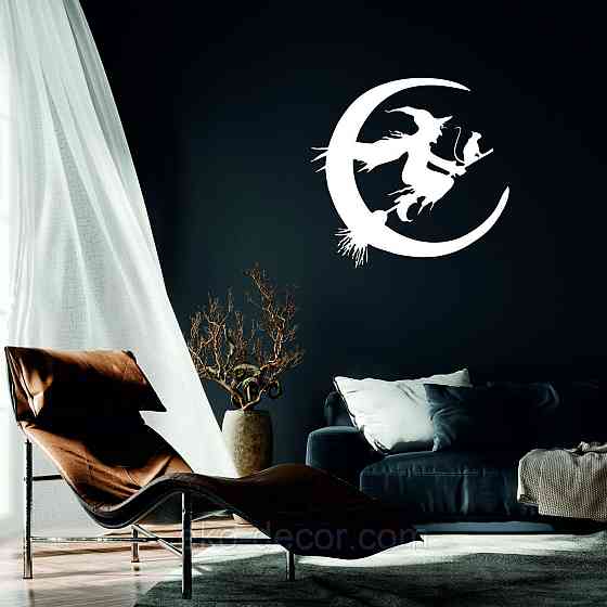 Декоративное настенное Панно «Ведьма на метле с котом», Декор на стену 90*86 см, Белый Киев