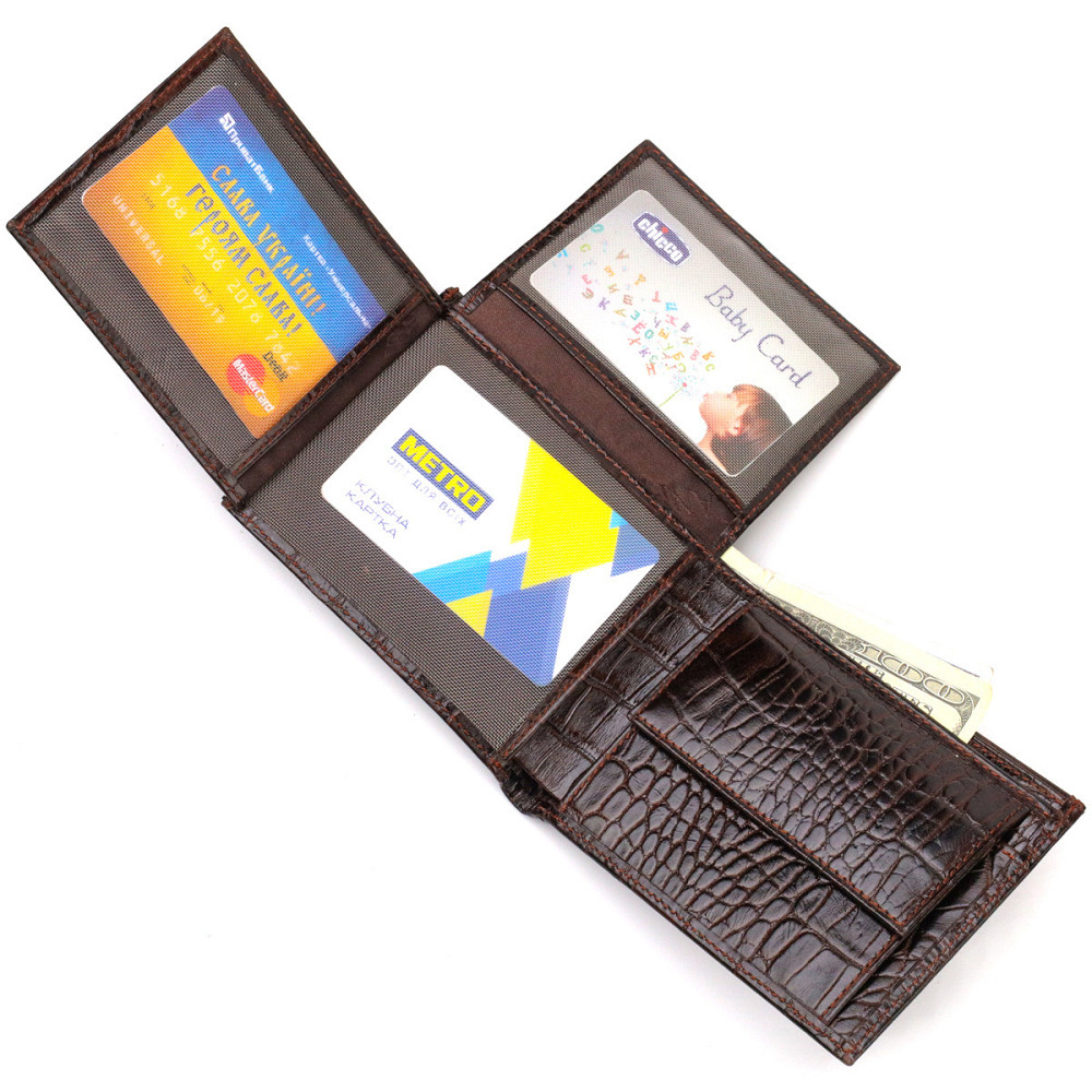 Модний гаманець для чоловіків з натуральної шкіри з тисненням під крокодила CANPELLINI 21926 Коричневий Київ - фото 4