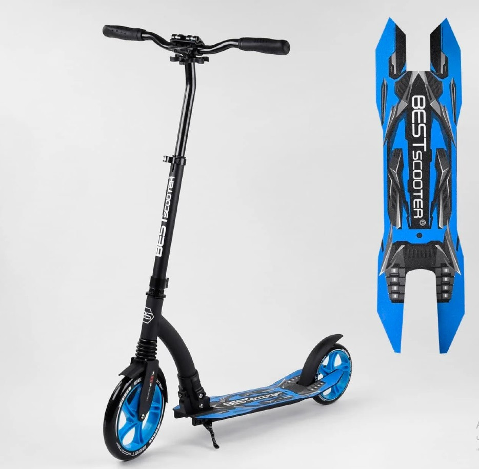 Самокат Best Scooter алюмінієве широке кермо передній амортизатор Чорний з синім (54664) Чернигов - изображение 1