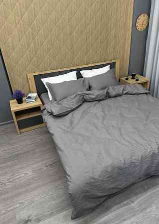 Комплект постельного белья Страйп-сатин Двуспальный 180х220 с простыней на резинке Серый (88-108) Киев