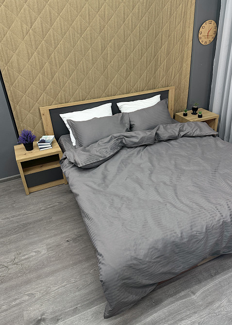 Комплект постельного белья Страйп-сатин Двуспальный 180х220 с простыней на резинке Серый (88-108) Киев - изображение 4