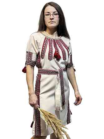 Жіноча вишита святкова сукня бежева з регулюючою шнурівкою по боках Київ