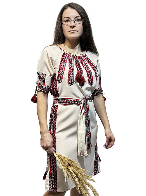 Жіноча вишита святкова сукня бежева з регулюючою шнурівкою по боках Київ - фото 2