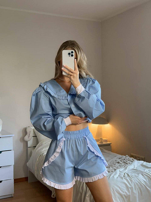 Женский летний костюм двойка: рубашка и шорты в пижамном стиле коттон Одесса - изображение 5