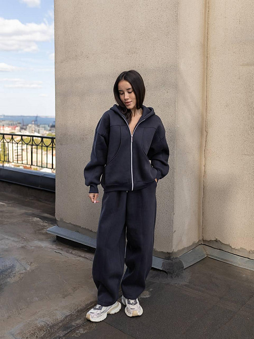 Женский теплый костюм двойка свободного кроя на каждый день турецкая трехнитка на флисе Графит Одесса - изображение 5