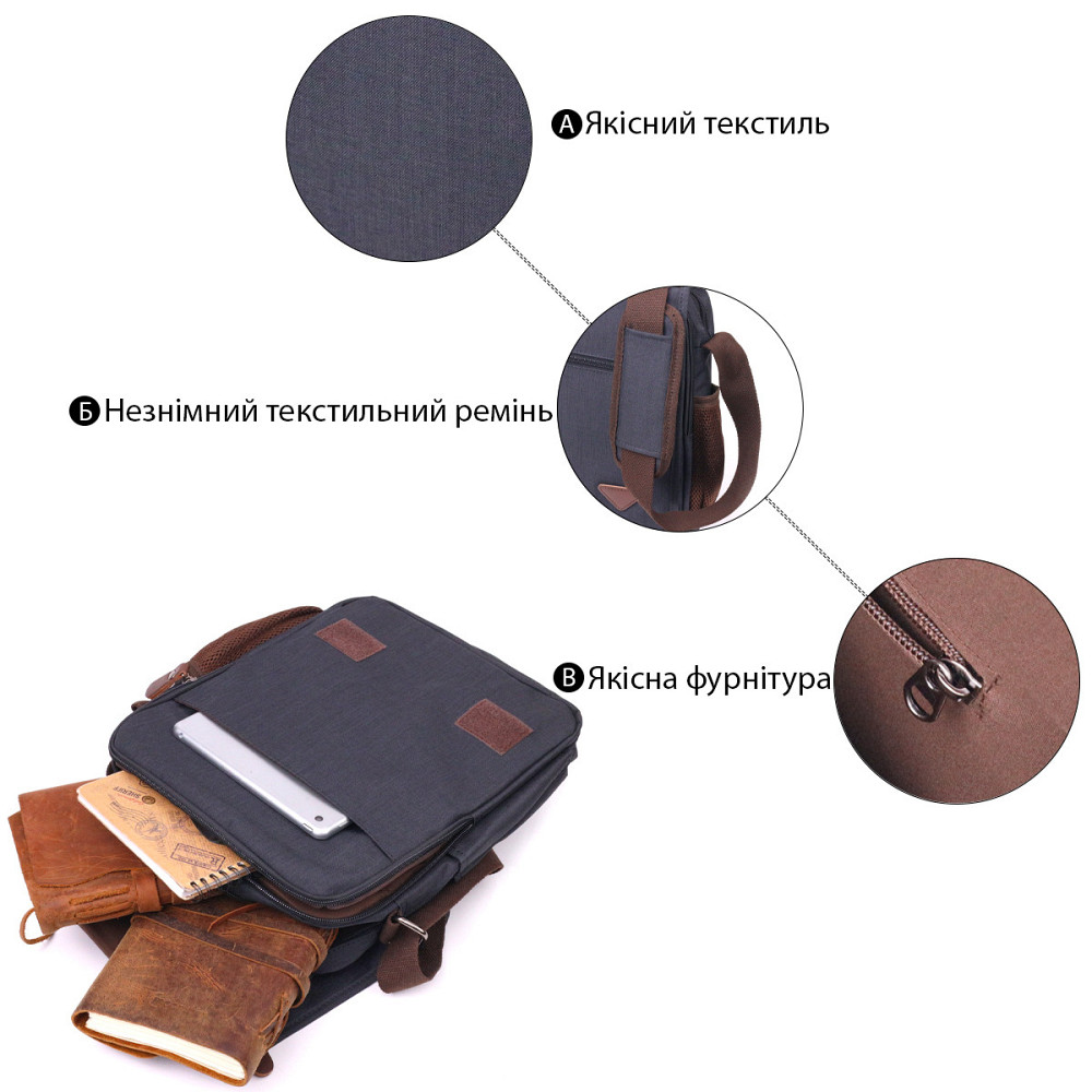 Вертикальна чоловіча сумка через плече текстильна 21261 Vintage Чорна Київ - фото 8