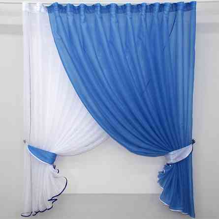 Кухонные шторки VR-Textil № 101к с подвязками голубой с белым 320х170 см (52-0417) Киев