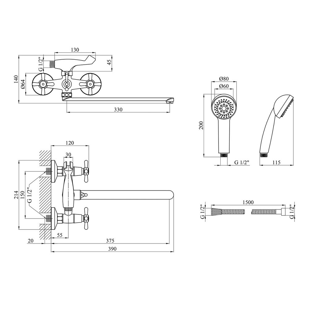 Змішувач для ванни Kroner KRP Royce - C072 з душовим гарнітуром, хром Київ - фото 2