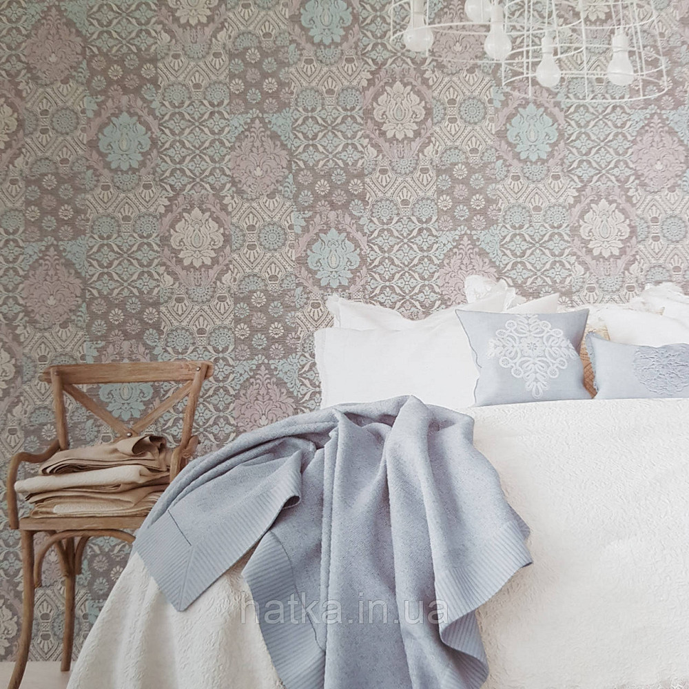 Шпалери метрові вінілові на флізелін Yuanlong Samsara східний стиль під килим бірюзові срібло на білому 3д Київ - фото 1