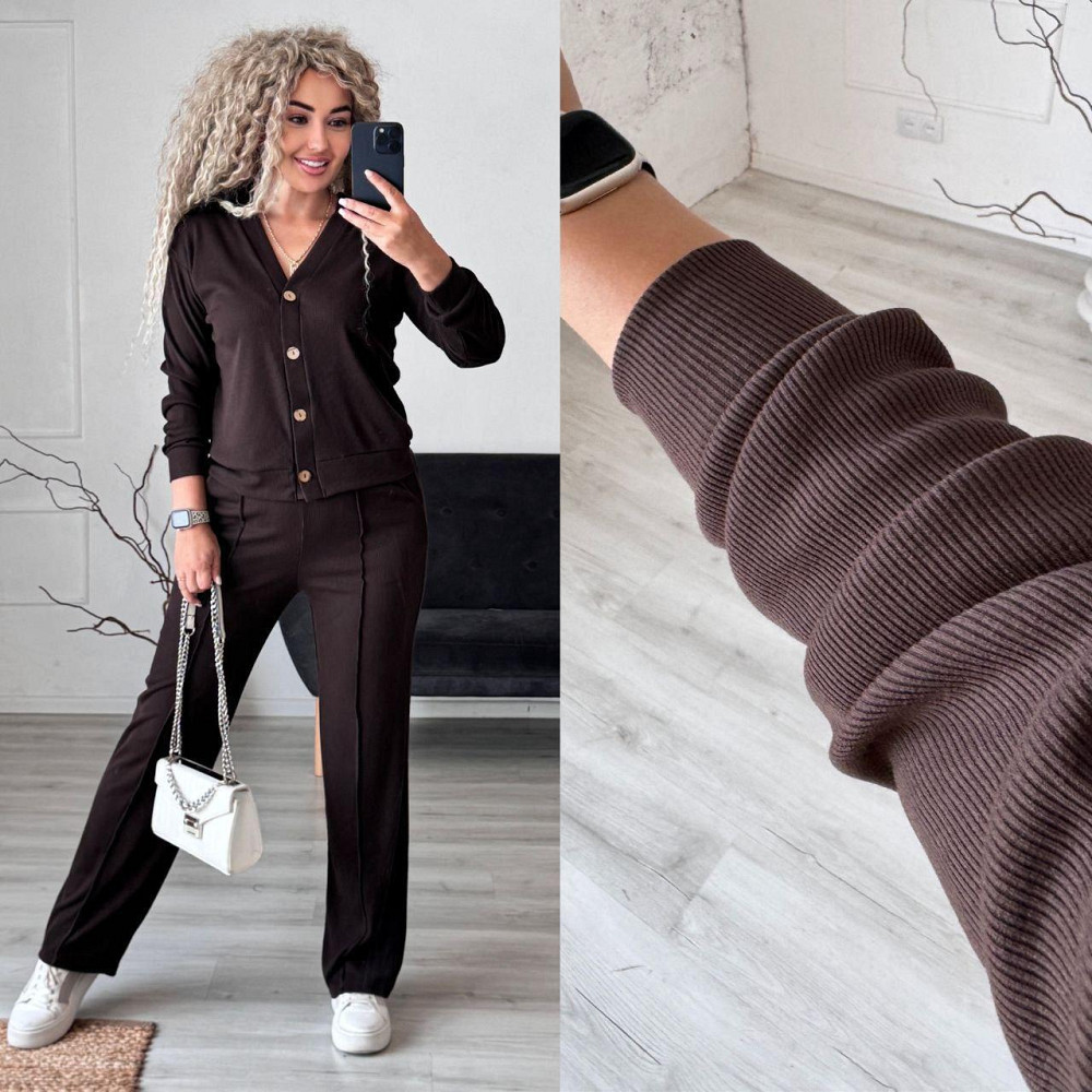 Женский стильный повседневный костюм двойка: кардиган на пуговицах + брюки трикотажный рубчик Шоколад, 50/52 Одесса - изображение 9