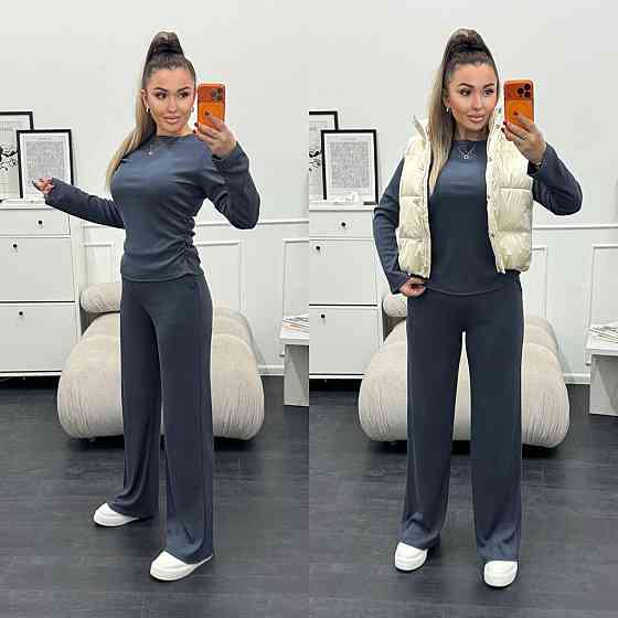 Женский базовый костюм двойка: лонгслив и штаны трикотажный рубчик Графитовый, 46/48 Одесса