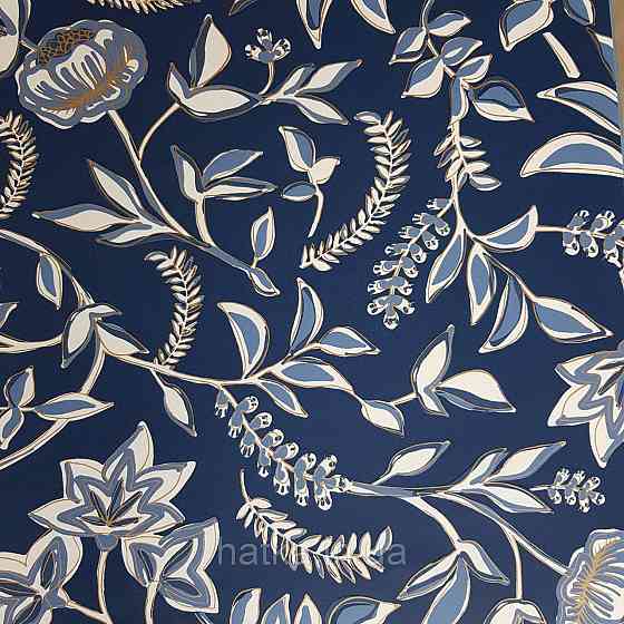 Шпалери вінілові на флізелін Caselio Mystery 0.53х10 м дитячі яскраві квіти листя білі блакитні на синьому тлі Київ
