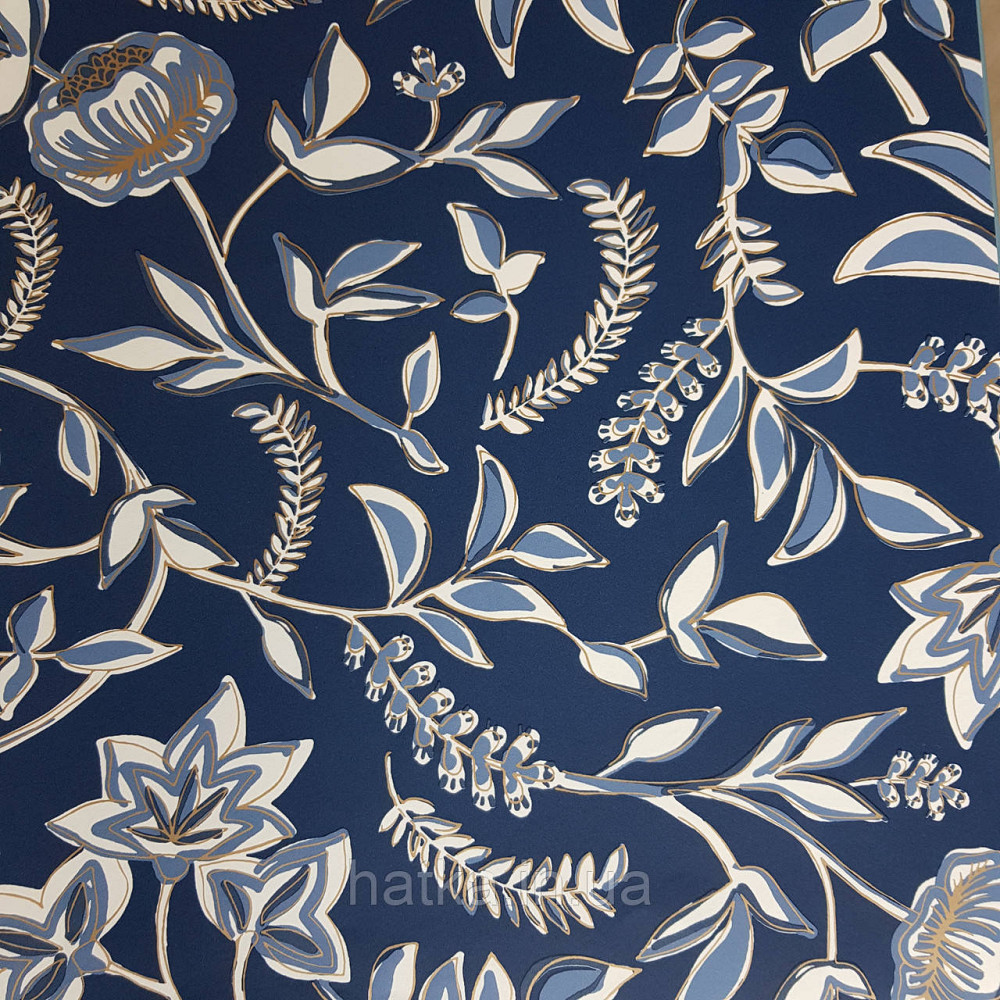 Шпалери вінілові на флізелін Caselio Mystery 0.53х10 м дитячі яскраві квіти листя білі блакитні на синьому тлі Київ - фото 3