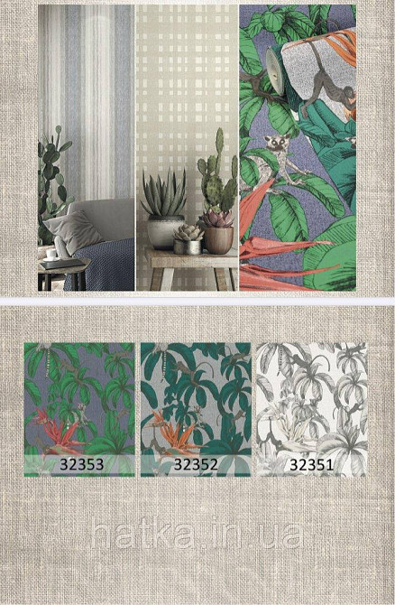 Шпалери вінілові на флізелін гарячого тиснення Marburg Natural vibes метрові листя лемури мавпи на білому Київ - фото 2