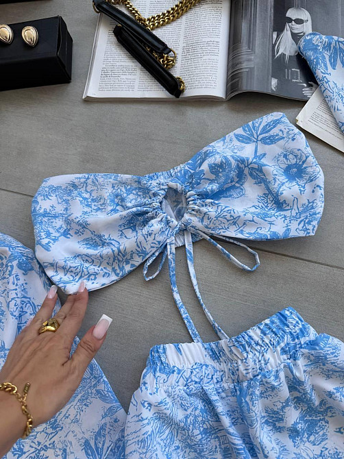 Жіночий літній принтований костюм четвірка: хустинка, кроп-топ, сорочка та шорти штапель/софт Одеса - фото 3