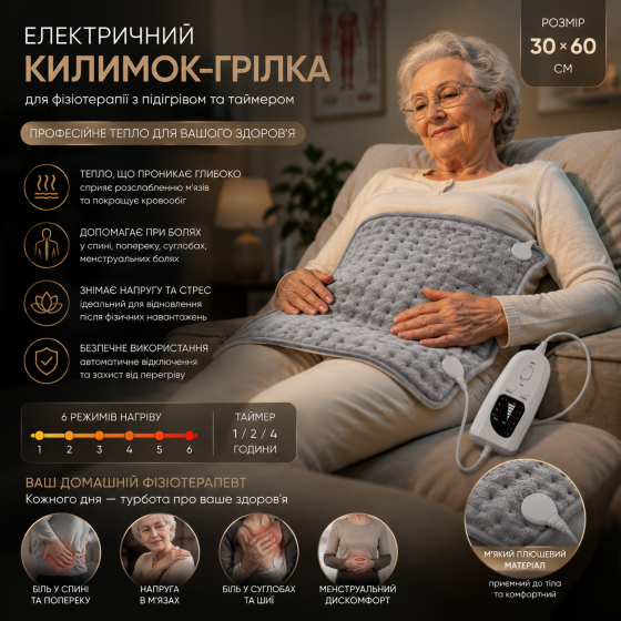 Электрический коврик-грелка для физиотерапии с подогревом и таймером (30х60 см): 6 режимов нагрева для снятия стресса и боли Киев