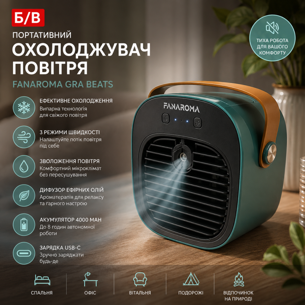 Б/В Портативний акумуляторний випарний охолоджувач повітря FANAROMA GRA Beats, 4000 мАг, 3 швидкості, USB-C, зволожувач, дифузор Київ - фото 9