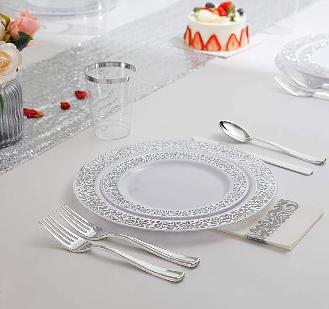 Набір тарілок пластикових круглі 12 шт, десертні 19 см і обідні 26 см, білі зі сріблястим візерунком Кам'янець-Подільський - фото 5