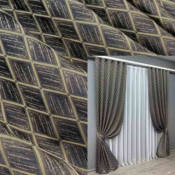 Комплект готових штор VR-Textil Жакард RUBI № 1759ш Темно-синій з бежевим 150х300 см 2 шт (33-0720) Київ